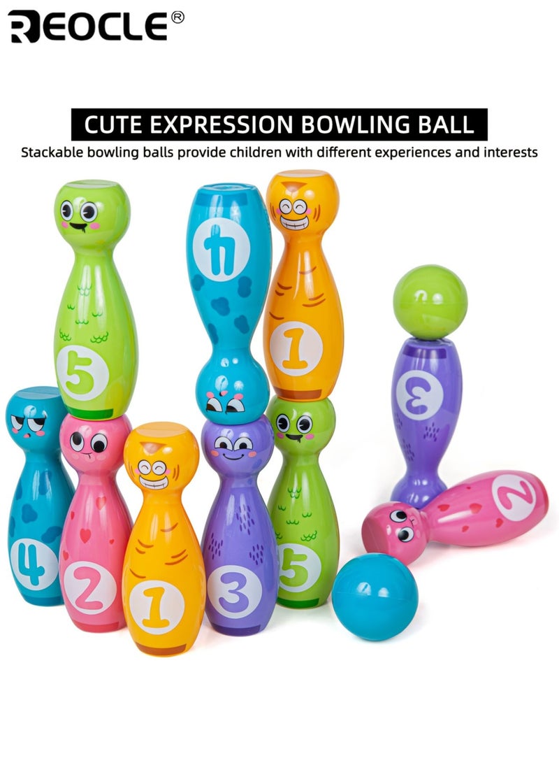 ريوكل مجموعة ألعاب بولينج للأطفال، 10 زجاجات وكرتين، لعبة كرتونية بطباعة مقاومة للبهتان، للعب الداخلي والخارجي. - Image 2