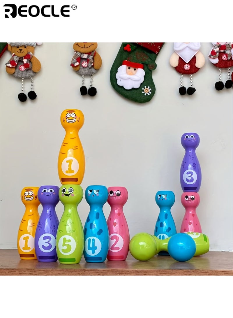 ريوكل مجموعة ألعاب بولينج للأطفال، 10 زجاجات وكرتين، لعبة كرتونية بطباعة مقاومة للبهتان، للعب الداخلي والخارجي. - Image 3
