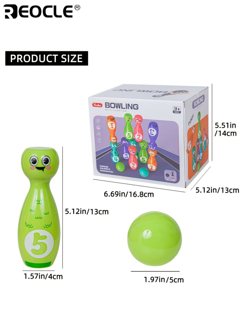 ريوكل مجموعة ألعاب بولينج للأطفال، 10 زجاجات وكرتين، لعبة كرتونية بطباعة مقاومة للبهتان، للعب الداخلي والخارجي. - Image 5