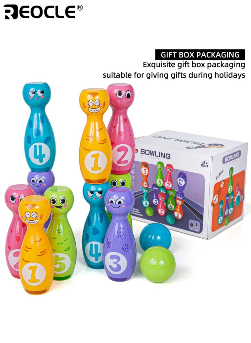 ريوكل مجموعة ألعاب بولينج للأطفال، 10 زجاجات وكرتين، لعبة كرتونية بطباعة مقاومة للبهتان، للعب الداخلي والخارجي. - Image 1
