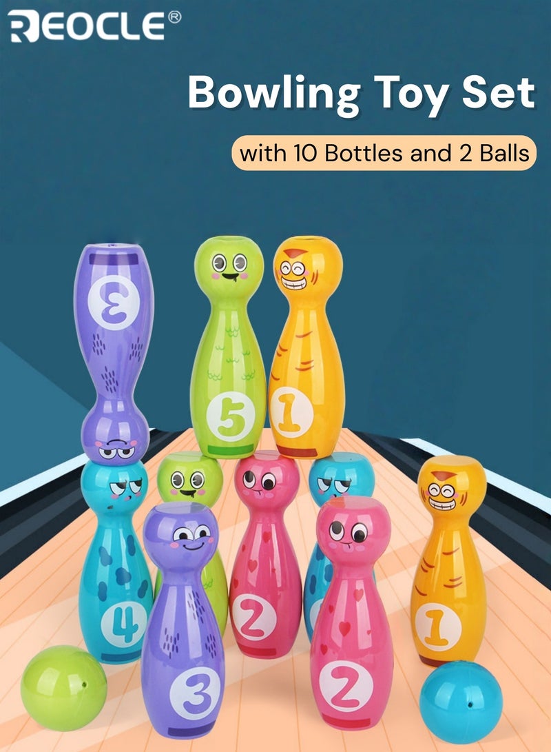 REOCLE Kid's Bowling Toy Set with 10 Bottles and 2 Balls Cartoon Themed Game with Fade Resistant Printing for Kids Indoor Outdoor Play - Image 1