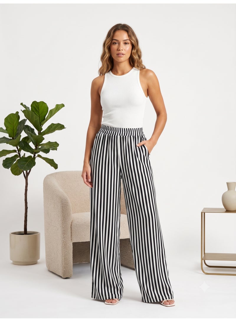 Soft Steps Women's Wide Leg Striped Pants – High Waist Casual Relaxed Fit Trousers with Elastic Waistband - Image 1