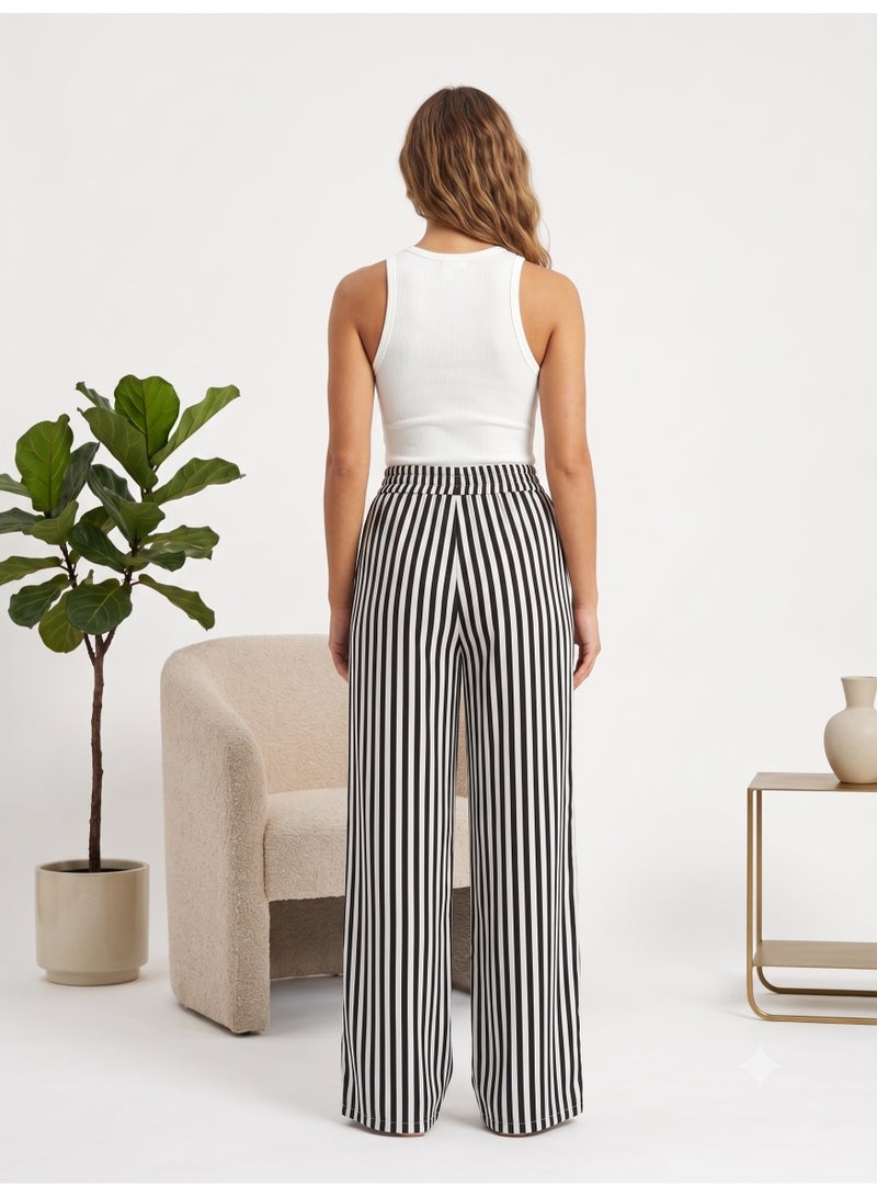 Soft Steps Women's Wide Leg Striped Pants – High Waist Casual Relaxed Fit Trousers with Elastic Waistband - Image 2