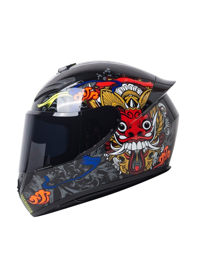 Full-Face Motorcycle Helmet with Lion Dance Design – Black Background with Black Mirror Visor
