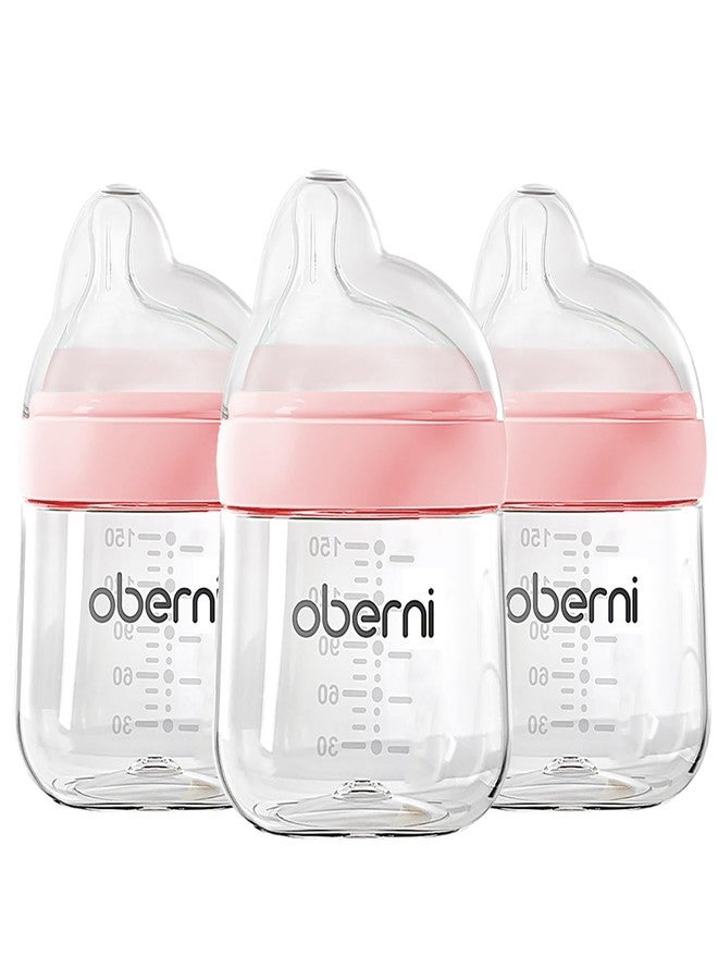 Oberni Baby Bottles with Slow Off-Centered Nipple for 0+ Months, Anti Colic Newborn Milk Feeding Bottle, 150ml/5oz/Pink/3Pack - Image 1