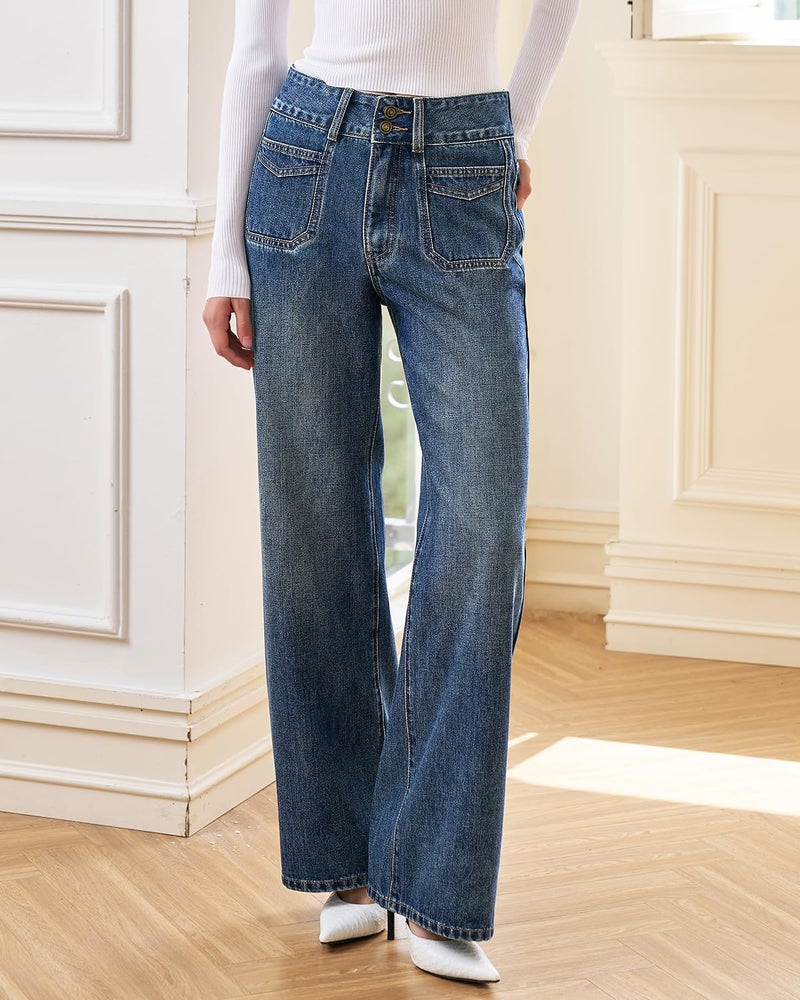 UPNET Womenâ€™s High Waisted Baggy Jeans â€“ Stretchy Wide Leg Tummy Control Straight Leg Denim Pants Trendy Jeans for Women 2025 (Blue,16) - Image 3