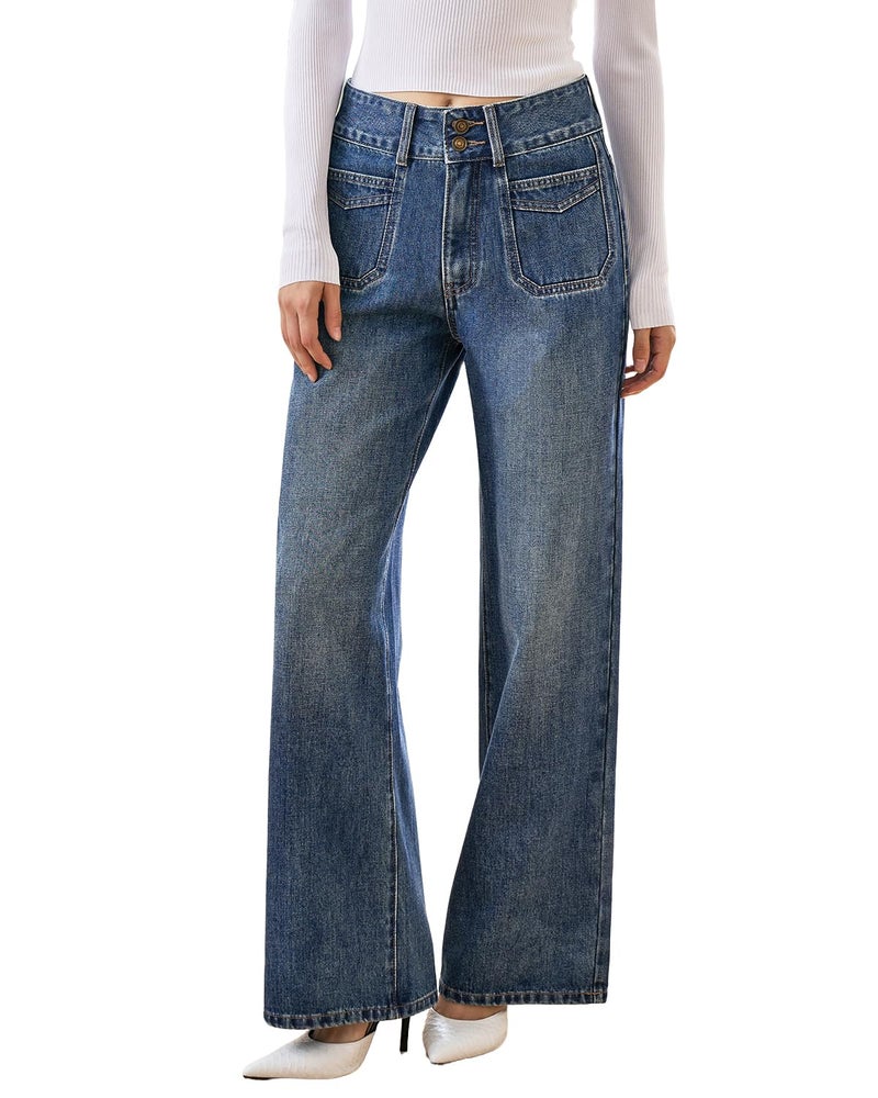 UPNET Womenâ€™s High Waisted Baggy Jeans â€“ Stretchy Wide Leg Tummy Control Straight Leg Denim Pants Trendy Jeans for Women 2025 (Blue,16) - Image 1