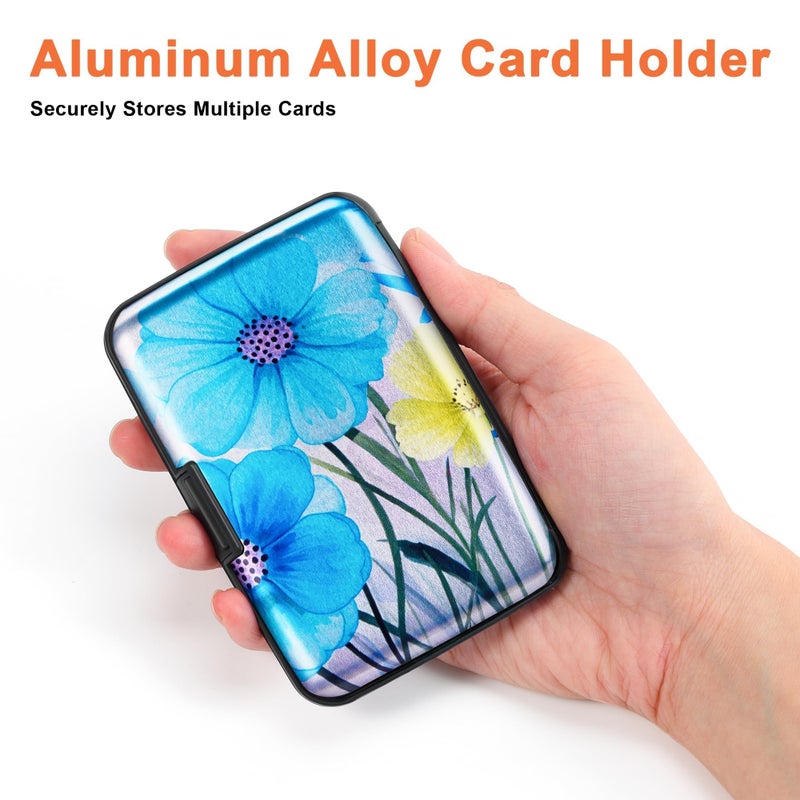 Mayski Credit Card Holder, RFID Blocking, Aluminum Alloy Hard Case, Small Mini Business Metal Wallet for Women Men, Blue Flower - Image 3