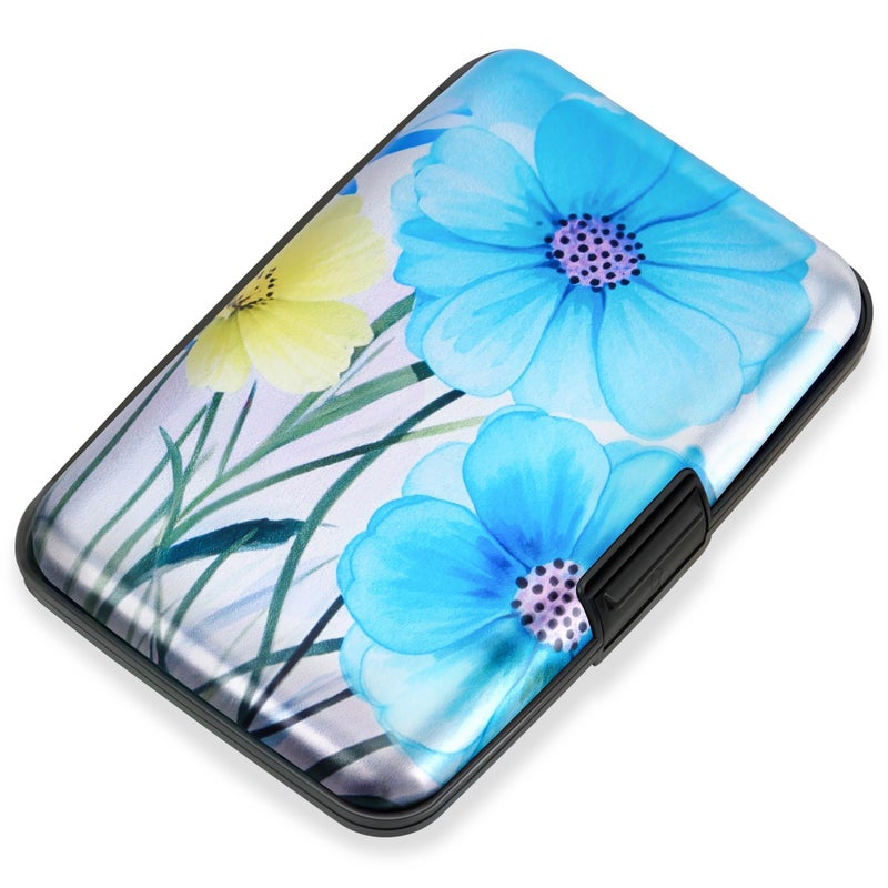 Mayski Credit Card Holder, RFID Blocking, Aluminum Alloy Hard Case, Small Mini Business Metal Wallet for Women Men, Blue Flower - Image 1