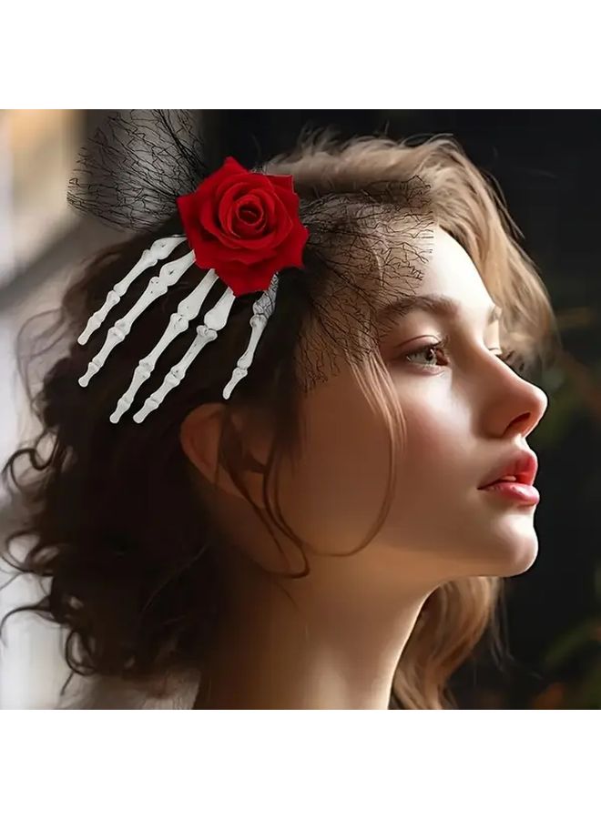 دبوس شعر عظم اليد على شكل جمجمة وردة قوطي للنساء، إكسسوارات حفلات الهالوين العتيقة - Image 5