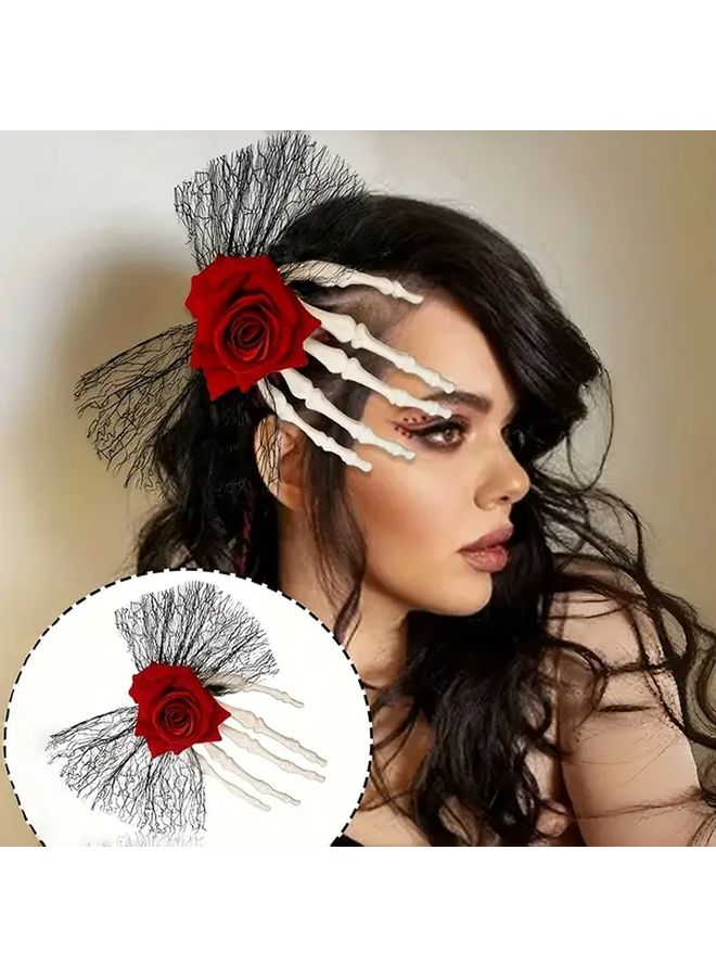 دبوس شعر عظم اليد على شكل جمجمة وردة قوطي للنساء، إكسسوارات حفلات الهالوين العتيقة - Image 1