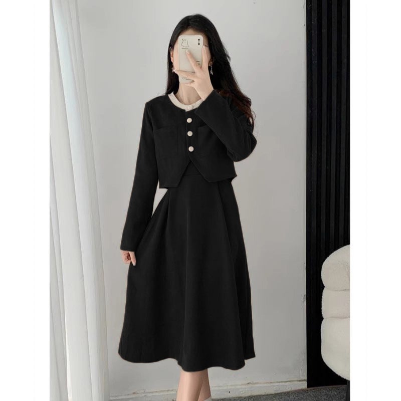 Chic Cardigan Coat  Velvet Dress Set Autumn Black 364 - Image 1