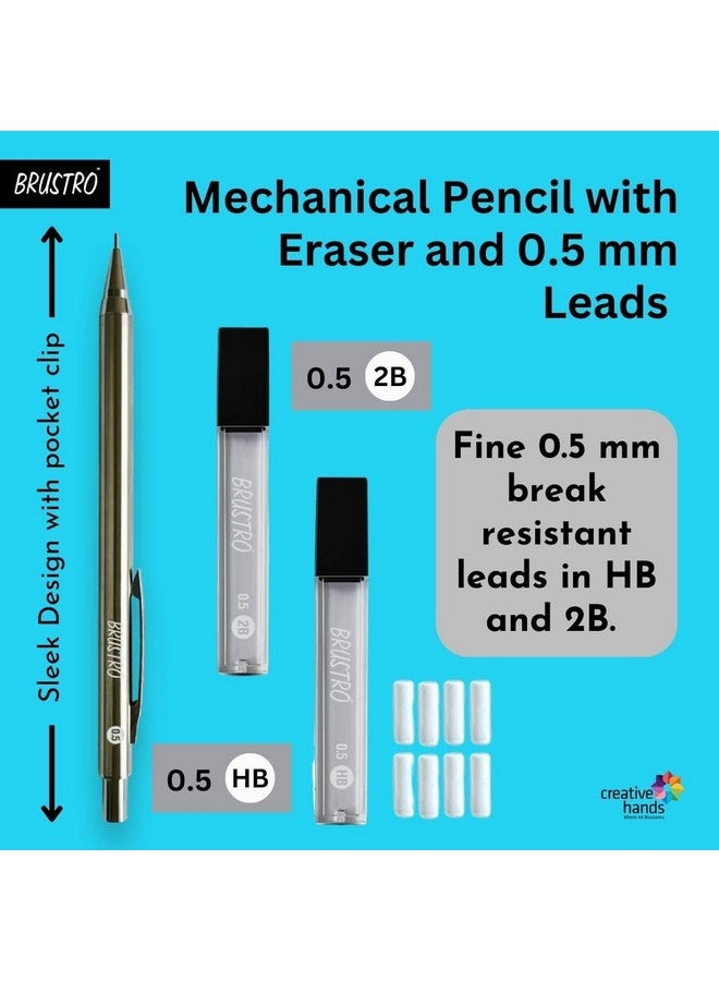 BRUSTRO Mechanical Pencil Set | Hb-20 Leads, 2B-20 Leads, Spare Eraser- 8 Units|Tip Size- 0.5 Mm |Ideal For Students,Adults, Home,School,Office,Stationery Use |Writing, Sketching, Drawing, Mandala Art - Image 2
