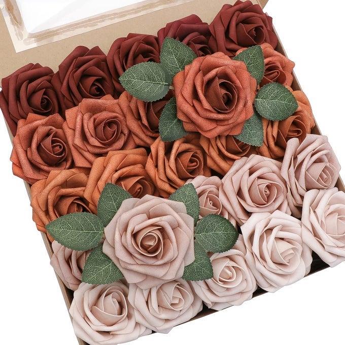 ARTIFICIAL FLOWERS 25PCS REAL LOOKING TERRACOTTA OMBRE COLORS FOAM FAKE ROSES WITH STEMS FOR DIY WEDDING BOUQUETS BRIDAL SHOWER FLORAL CENTERPIECES PARTY TABLES HOME DECORATIONS