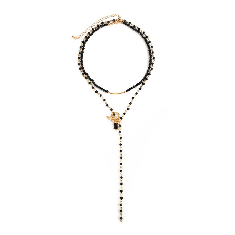 SHIXIN European and American Cross-Border Jewelry: French Style Black Cylinder Crystal Beaded Necklace with OT Buckle and Tassel - Image 5