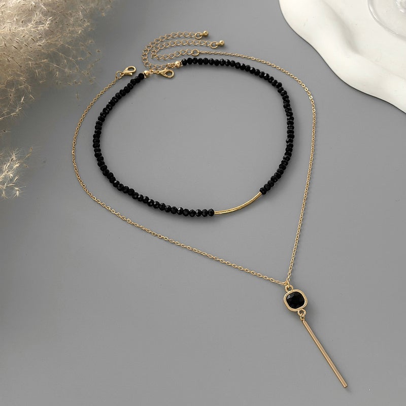 SHIXIN European and American Cross-Border Jewelry: French Style Black Cylinder Crystal Beaded Necklace with OT Buckle and Tassel - Image 4