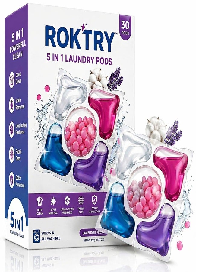 ROKTRY 5-in-1 Laundry Detergent Pods 30 Pods Commercial Mega Pack Ultra Concentrated Washing Capsules Heavy Stain Remover, Cost-Effective & Quick Dissolving Liquid Pods Universal Fit Front & Top Load - Image 1