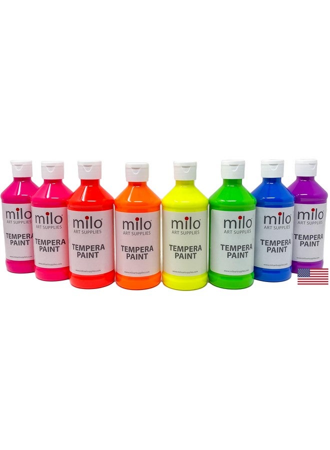 milo Fluorescent Tempera Paint Set of 8 Colors | 8 oz Bottles | Made in the USA | Washable and Non-Toxic Neon Art & Craft Poster Primary Paints for Artists, Kids, & Hobby Painters, Glows UV in Black Light - Image 2