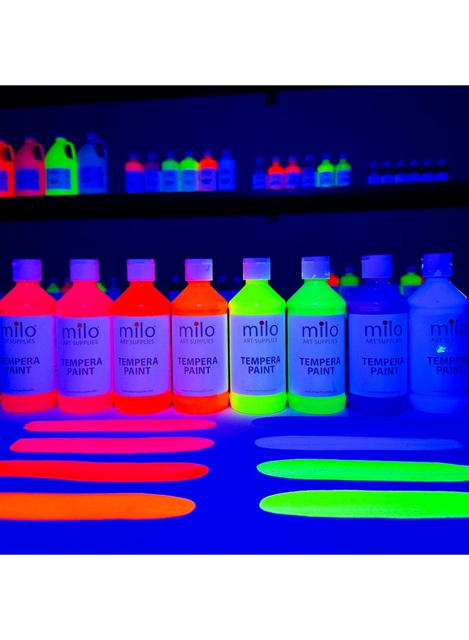 milo Fluorescent Tempera Paint Set of 8 Colors | 8 oz Bottles | Made in the USA | Washable and Non-Toxic Neon Art & Craft Poster Primary Paints for Artists, Kids, & Hobby Painters, Glows UV in Black Light - Image 5