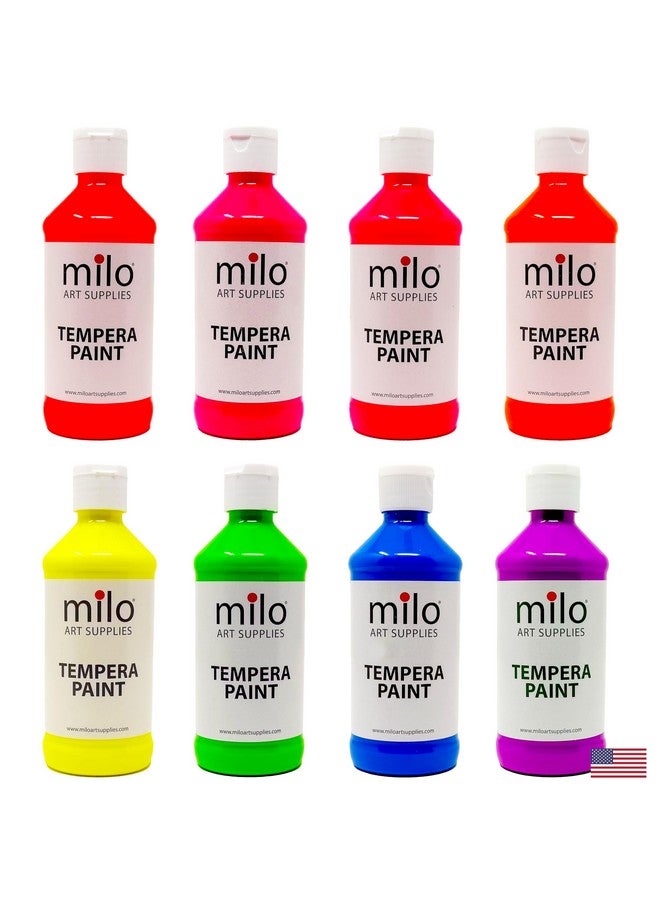 milo Fluorescent Tempera Paint Set of 8 Colors | 8 oz Bottles | Made in the USA | Washable and Non-Toxic Neon Art & Craft Poster Primary Paints for Artists, Kids, & Hobby Painters, Glows UV in Black Light - Image 1