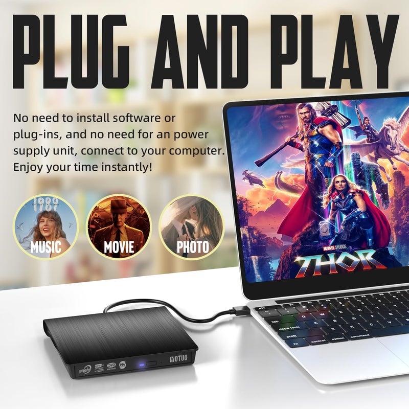 YOTUO External CD/DVD Drive, Portable USB 3.0 & USB-C CD RW Drive, DVD Player, DVD Burner for Laptop, Desktop, Compatible with Windows 7/8/10/11, Mac, MacBook Pro/Air, Linux (IDD029-2) - Image 2
