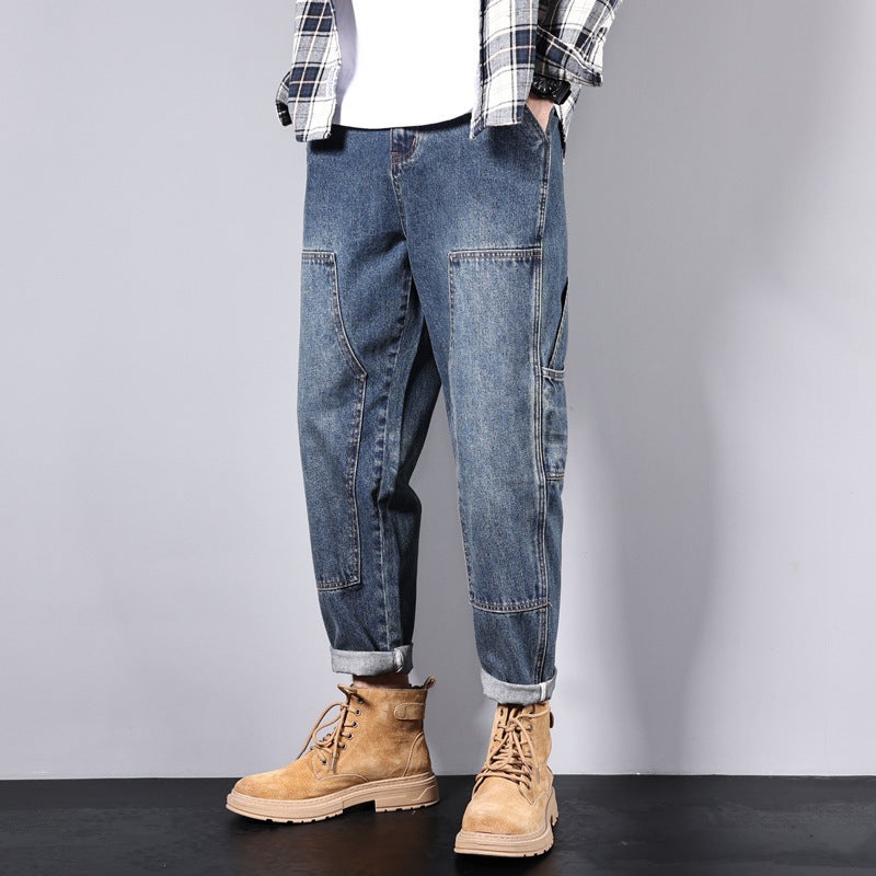 Guochao High Street American Style Three-Dimensional Multi-Pocket Workwear Washed Jeans Mens Hip-Hop Street Vibe Style Wide-Leg Pants 5571 [multi-pocket] blue