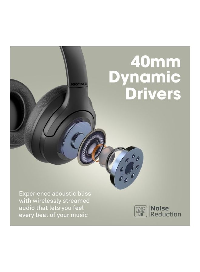 PROMATE Concord Wireless Over-Ear Headphones Hi Fi Active Noise Cancelling, Bluetooth V5.3 Headset With Microphone 27H Playtime, 3.5Mm Jack, Foldable Design For iPhone 17/17 Pro Max, Samsung S26 Ultra Black - Image 2