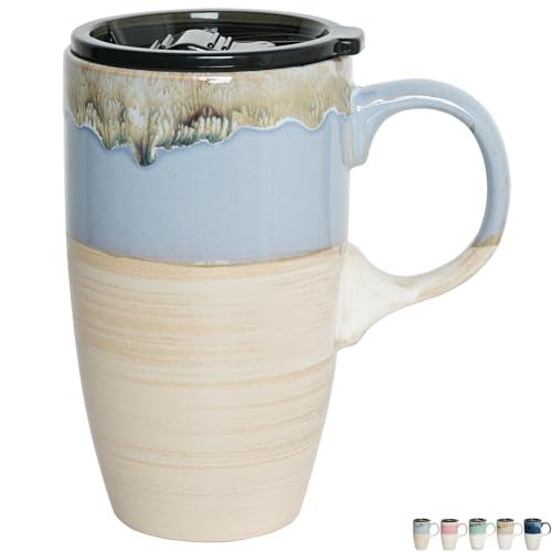 Bosmarlin Ceramic Travel Coffee Mug with Handle and Lid 18 oz Portable Coffee Cup for Car Cup Holder Microwave and Dishwasher Safe Reactive Glaze Light Blue - Image 1