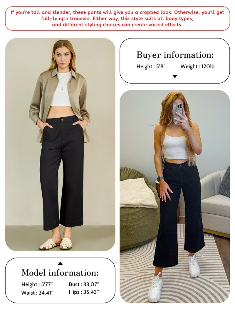 Eddoyee Womens Wide Leg Ankle Pants, High Waisted Straight Leg Stretch Casual Elastic Waist Cropped Pants Black - Image 5