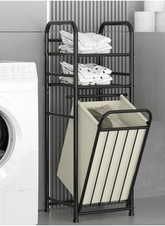 BLOOMING TIME Spliced Wrought Iron Dirty Clothes Basket, Laundry Sorting Basket, With Double-Layer Shelves And Storage Bags, Space-Saving And Easy To Pick Up  - Image 4