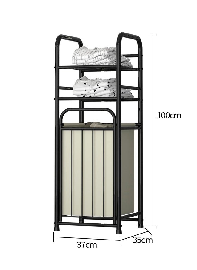 BLOOMING TIME - Spliced Wrought Iron Dirty Clothes Basket, Laundry Sorting Basket, With Double-Layer Shelves And Storage Bags, Space-Saving And Easy To Pick Up - Image 1