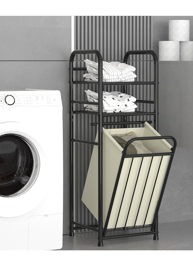 BLOOMING TIME - Spliced Wrought Iron Dirty Clothes Basket, Laundry Sorting Basket, With Double-Layer Shelves And Storage Bags, Space-Saving And Easy To Pick Up - Image 1