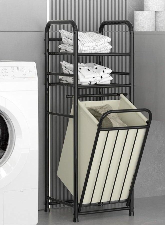 BLOOMING TIME Spliced Wrought Iron Dirty Clothes Basket, Laundry Sorting Basket, With Double-Layer Shelves And Storage Bags, Space-Saving And Easy To Pick Up - Image 1