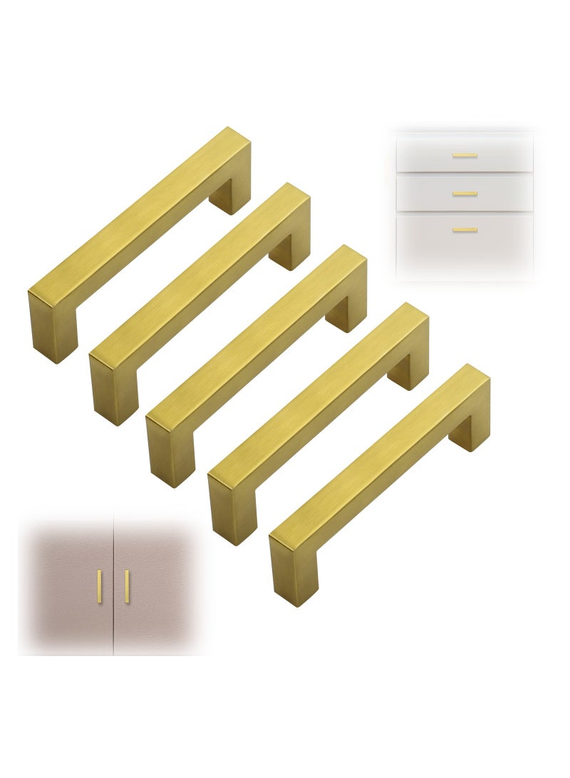 5 Pack Gold Square Cabinet Pulls Drawer Handle Stainless Steel Modern Hardware for Kitchen and Bathroom Cupboard Dresser Center 96MM - Image 1