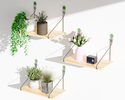 QsQueen مجموعة رفوف عائمة من الخشب الريفي QsQueen Elevate Your Space مكونة من 3 قطع مثالية لتزيين غرفة النوم وغرفة المعيشة والحمام والمطبخ سهلة التركيب بدون حفر