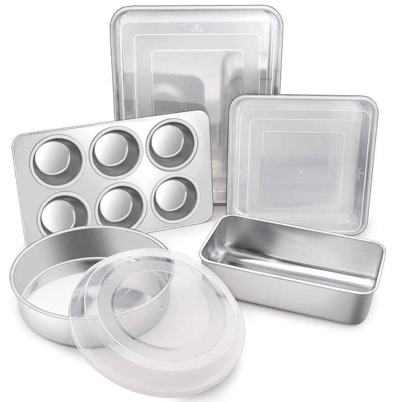 TeamFar TeamFar Stainless Steel Bakeware Set of 8 Baking Roasting Pan Set with Lid Lasagna Pan with lid Square  Round Cake Pan Loaf Pan  Muffin Pan Healthy  Sturdy Dishwasher Safe  Smooth