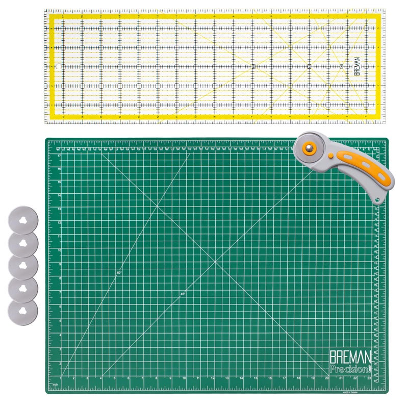 WA Portman Rotary Cutter Set  Sewing Cutting Mat  45mm Rotary Cutter for Fabric  5 Blades  18x24 Inch Fabric Mat  6x24 Inch Quilting Ruler Cutting Wheel