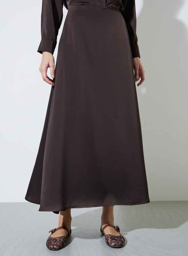 Styli Brown Solid A-Line Maxi Skirt - Image 1