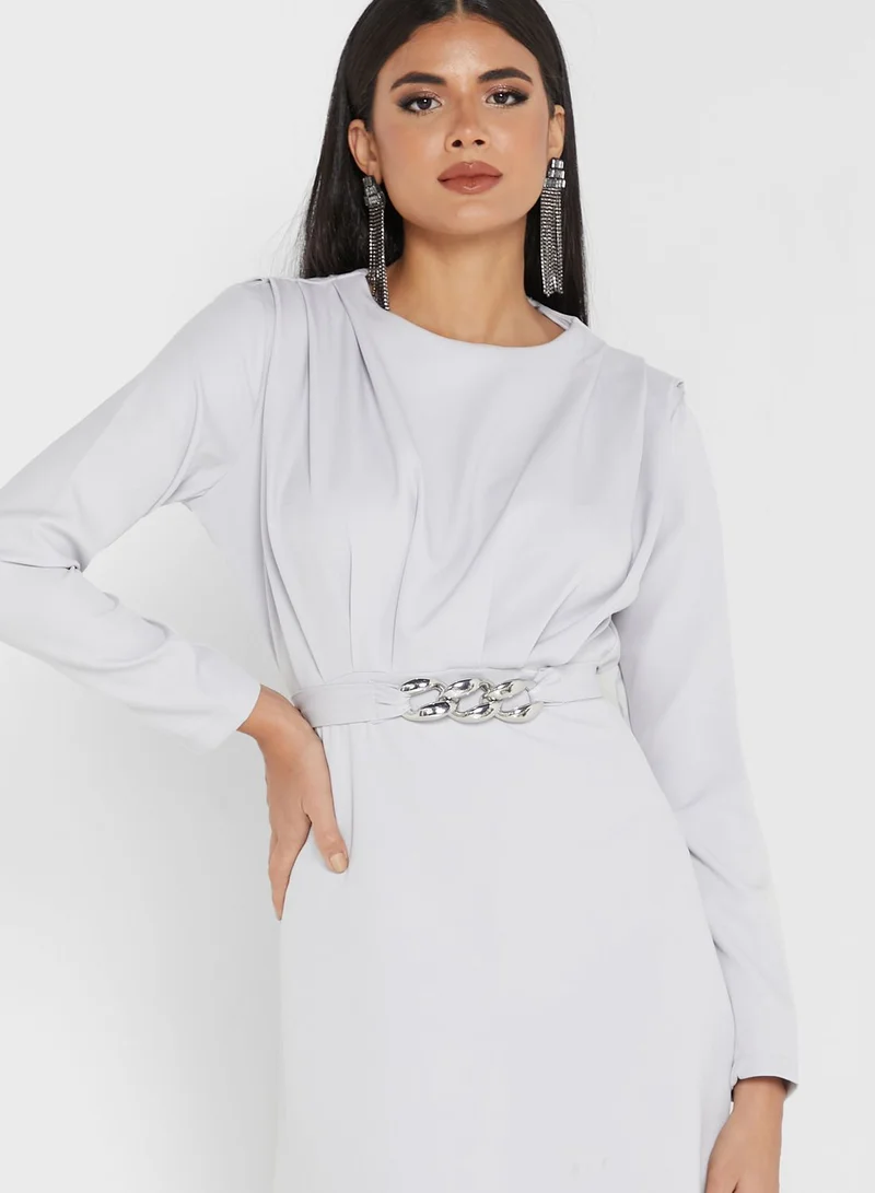 ANOTAH Belted Pleat Detail Dress