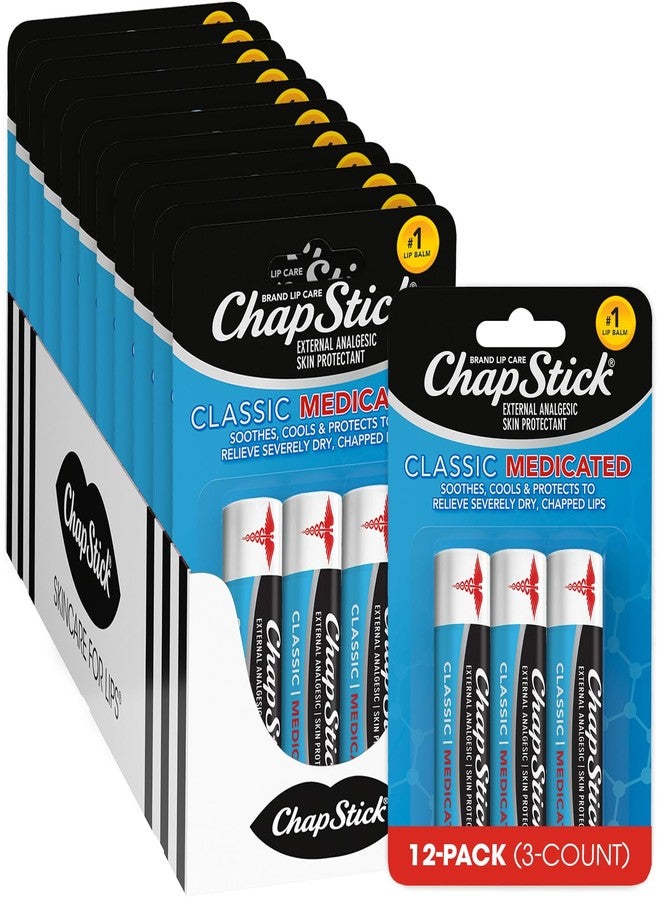 ChapStick Classic Medicated 3-Packs (12 Sets/36 Tubes) – Bulk Lip Balm, Dry Lips & Cold Sore Pain Relief Bundle, 0.15 Oz Ea - Image 1