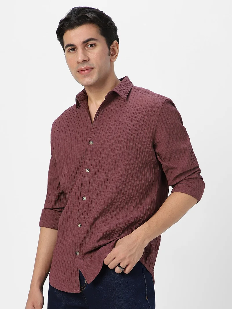 Urbano Fashion  Urbano Fashion Men's Mauve Cotton Full Sleeve Regular Fit Textured Shirt with Spread Collar  | Best Price UAE