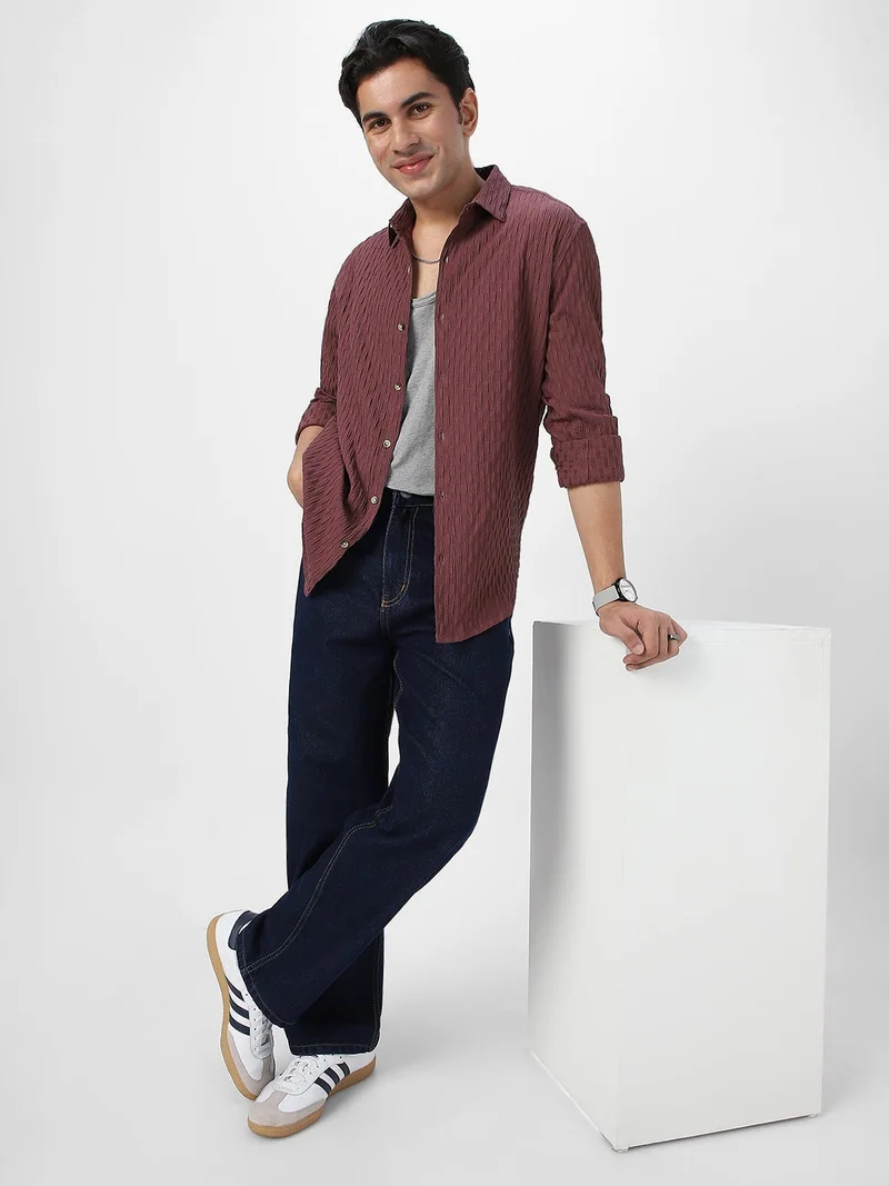 Urbano Fashion  Urbano Fashion Men's Mauve Cotton Full Sleeve Regular Fit Textured Shirt with Spread Collar  | Best Price UAE
