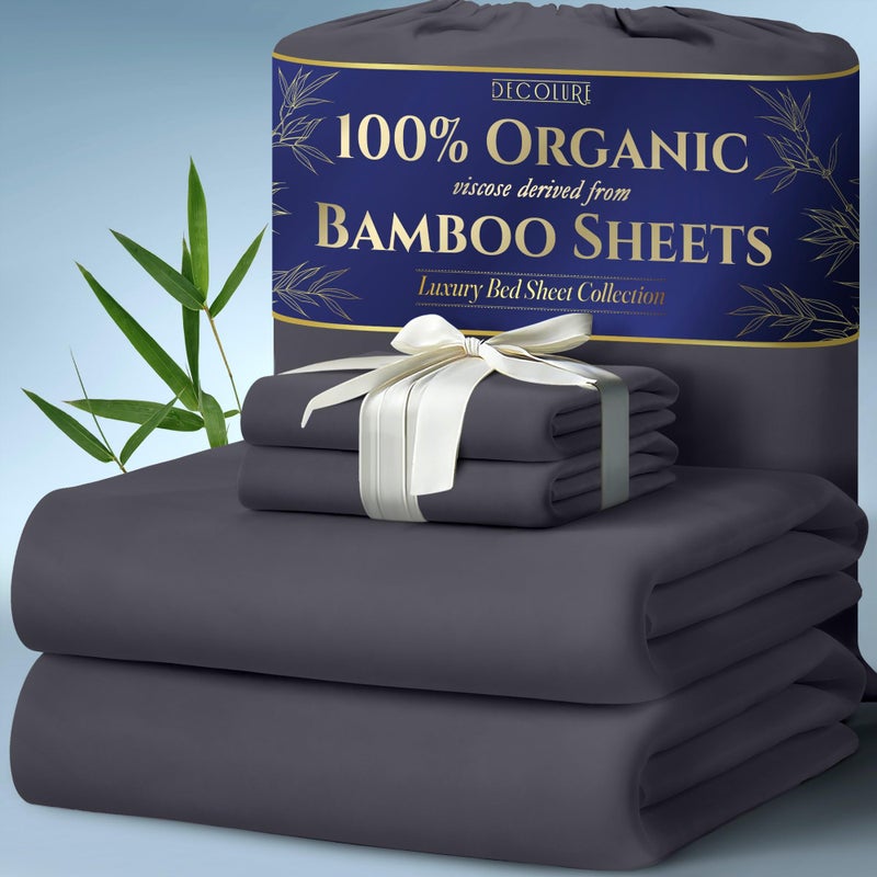 DECOLURE 100 Organic Viscose Derived from Bamboo Sheets King Size 4pcs  Ultra Soft  Luxuriously Cooling 17 Deep Pocket Double Stitching Perfect for Hot Sleepers  King Bed Sheets Grey