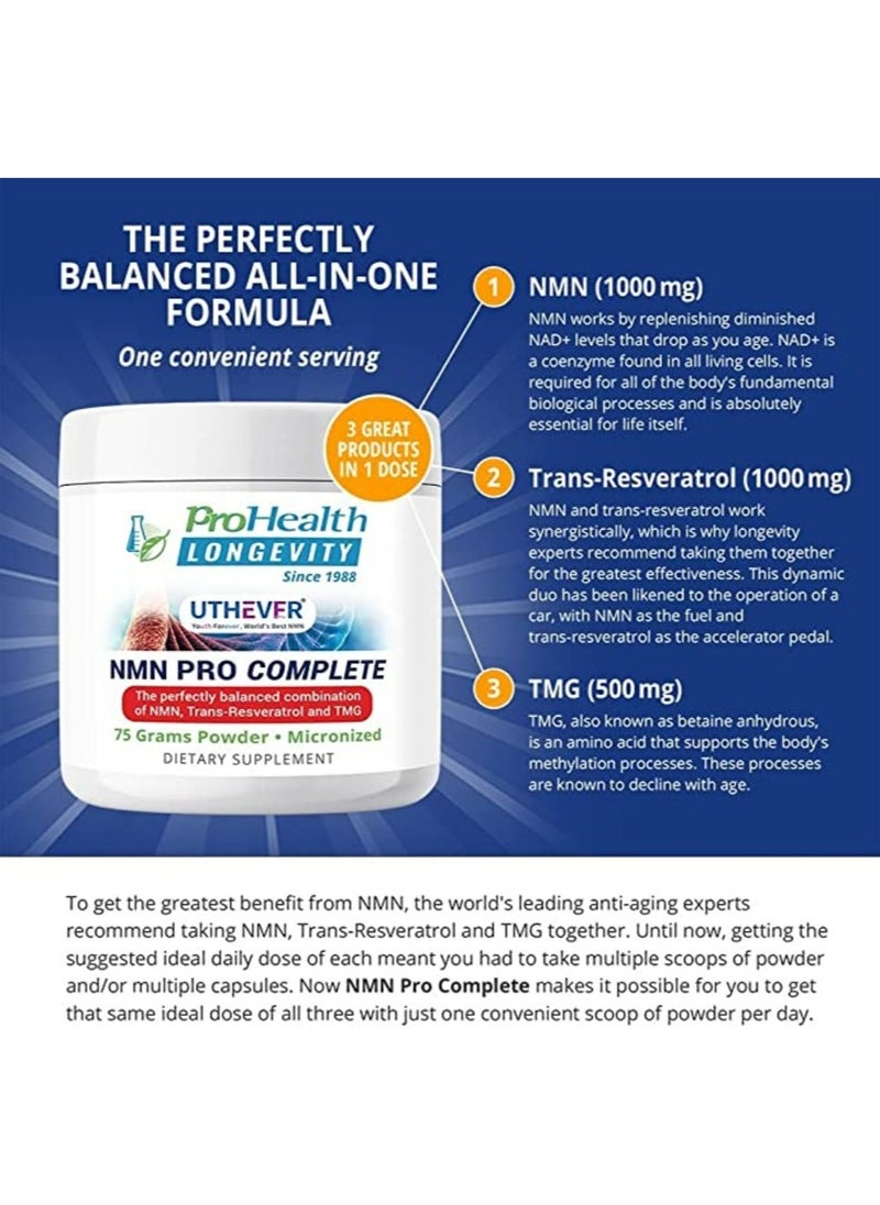 ProHealth - ProHealth Longevity NMN Pro Complete 75 Grams - 3-in-1 Formula: NMN + Trans-Resveratrol + TMG - Image 1