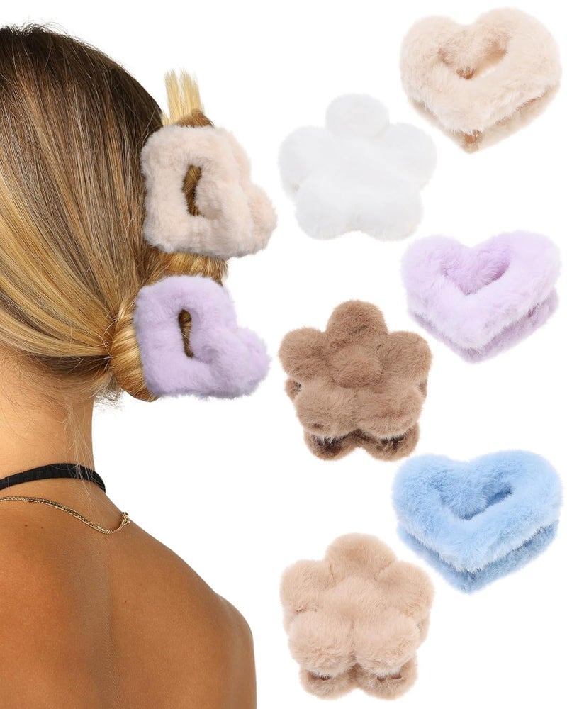 Fluffy Plush Claw Clip for Hair 6 Pcs Cute Hair Clips for Women Fuzzy Hair Barrettes Girls Hair Jaw Clips Flower  Heart  WhiteBrownBlackBluePurple