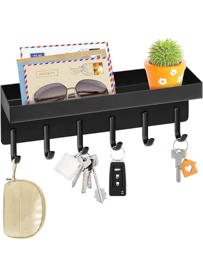 حامل مفاتيح يثبت على الحائط من دوركو مصنوع من الستانلس ستيل بلون اسود غير لامع، حامل مفاتيح صغير مع صينية لاصقة، منظم تخزين البريد مع 6 خطافات مفاتيح للمدخل والمدخل (اسود) - Image 1