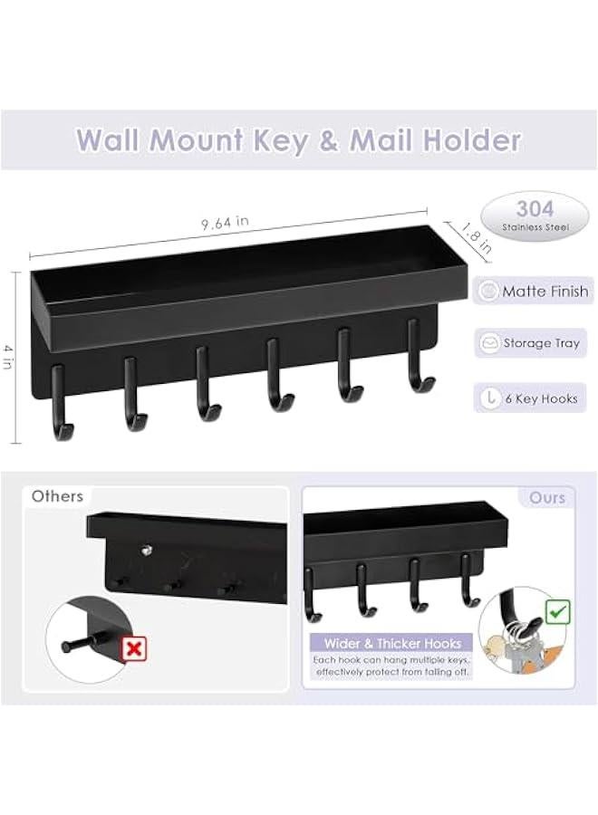 حامل مفاتيح يثبت على الحائط من دوركو مصنوع من الستانلس ستيل بلون اسود غير لامع، حامل مفاتيح صغير مع صينية لاصقة، منظم تخزين البريد مع 6 خطافات مفاتيح للمدخل والمدخل (اسود) - Image 3
