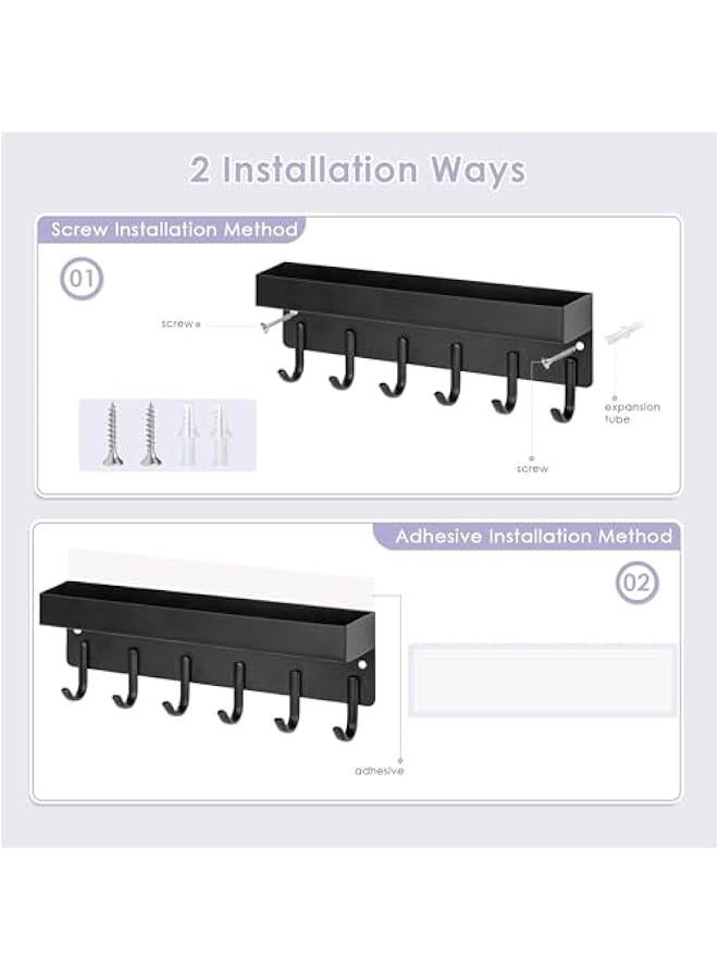 حامل مفاتيح يثبت على الحائط من دوركو مصنوع من الستانلس ستيل بلون اسود غير لامع، حامل مفاتيح صغير مع صينية لاصقة، منظم تخزين البريد مع 6 خطافات مفاتيح للمدخل والمدخل (اسود) - Image 2