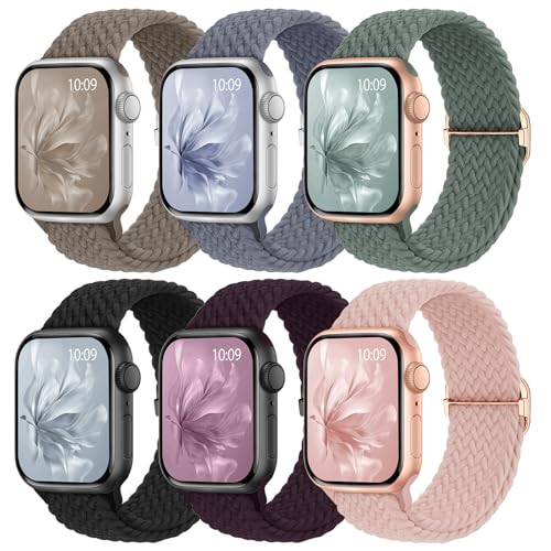 Knossen 6 Pack Braided Stretchy Bands Compatible with Apple Watch Band 38mm 40mm 41mm 42mm 44mm 45mm 46mm 49mm Women Men Adjustable Nylon Solo Loop Elastic Straps for iWatch Series 11 10 9 8 7 6 5 4 SE Ultra - Image 1