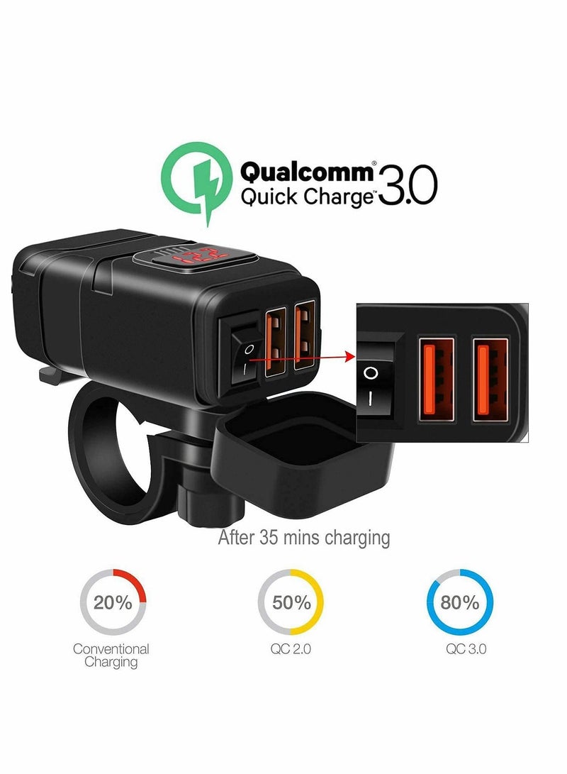 Motorcycle USB Phone Charger 6.8A, QC3.0 Fast Charging Dual Port, SAE to Adapter with Voltmeter ON/Off Switch Fuse Waterproof Quick Disconnect Plug for Smart Tablet GPS 7/8inch Handlebar - Image 4